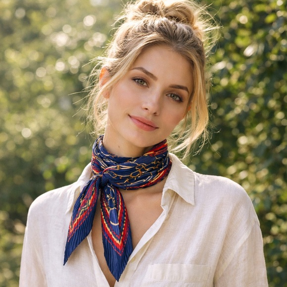 Accessories - Pleated Navy Red Equestrian Rope Chain Neck Scarf Diamond Shape 35 Diagonal Luxe